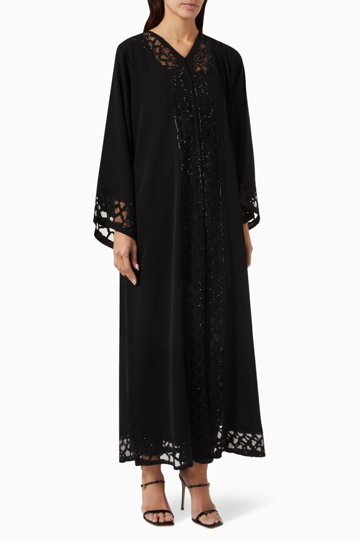 

Abstract Thread Embroidered Abaya in Chiffon & Tulle, Black