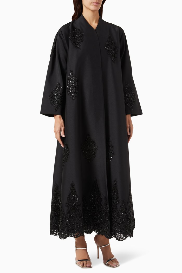 

Laser Cut Beaded Embroidered Abaya in Taffeta, Black
