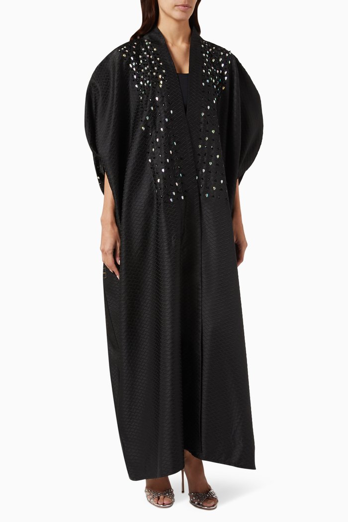 

Textured Bead-embroidered Abaya in Jacquard, Black