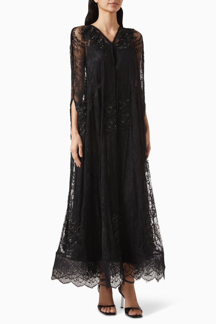 

Embroidered Lapel Abaya in Taffeta, Black
