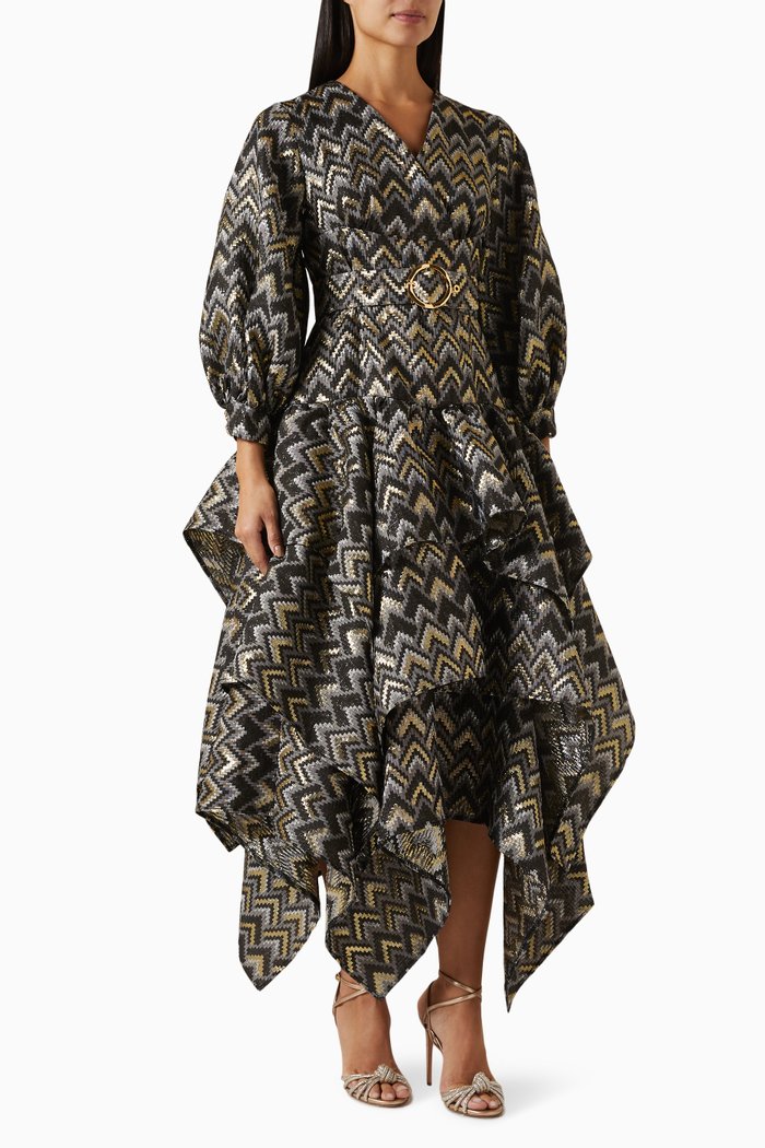

Belted Ruffled Midi Dress, Black