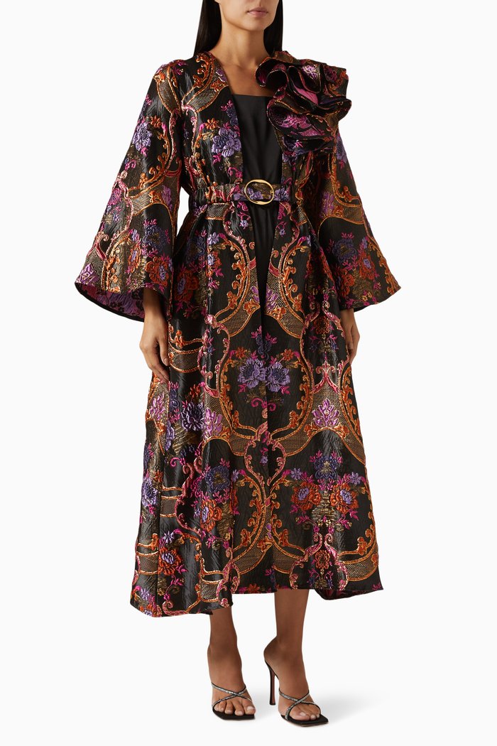 

Floral-jacquard Belted Cape, Multicolour