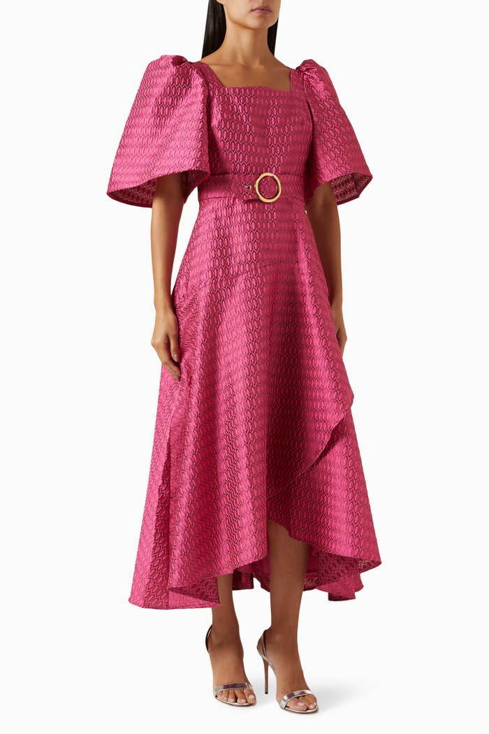 

Embossed Belted Midi Dress, Pink