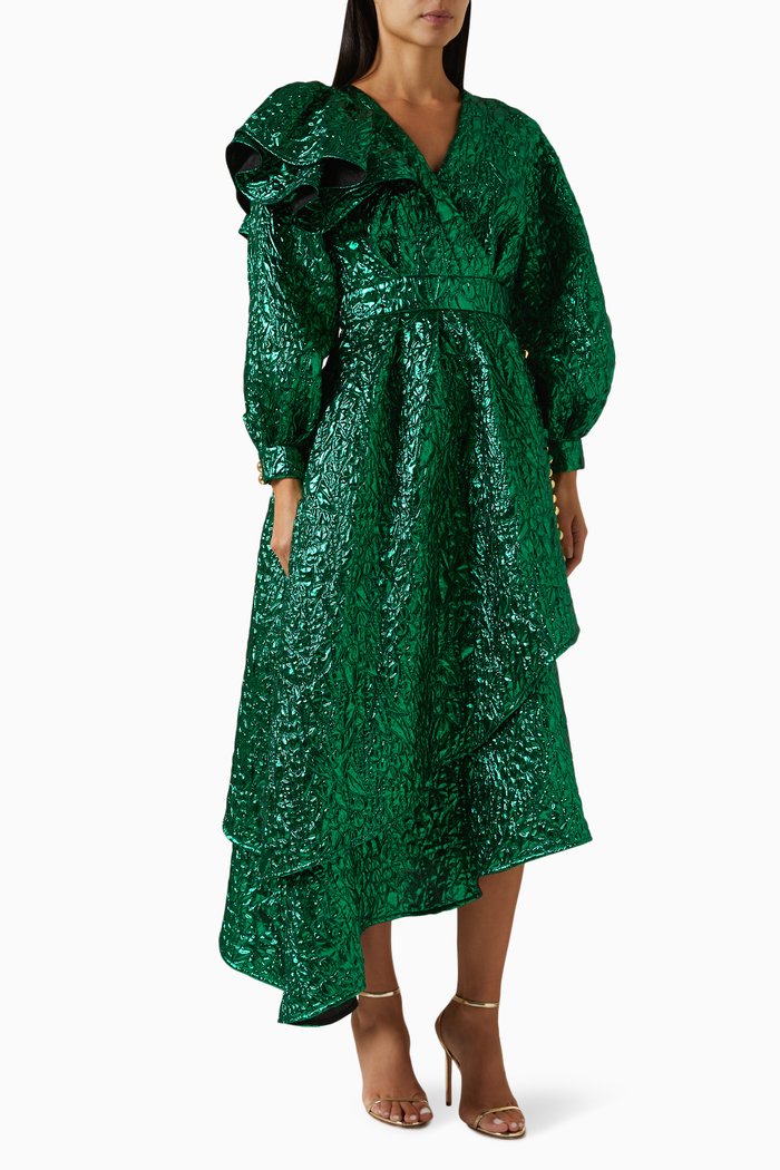 

Asymmetrical Ruffled Midi Dress, Green
