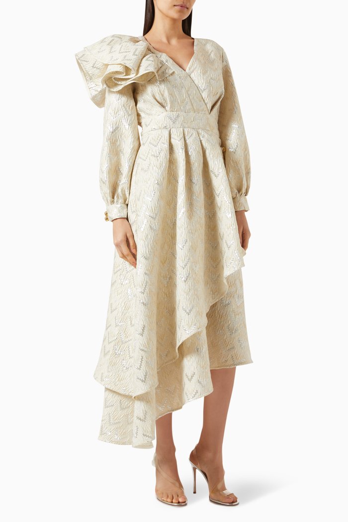 

Asymmetrical Ruffled Midi Dress, Neutral
