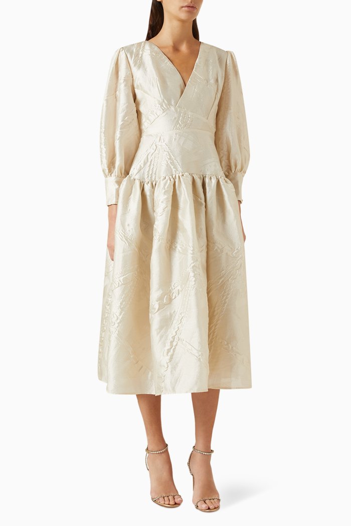 

Puff-sleeve Midi Dress in Satin, Neutral