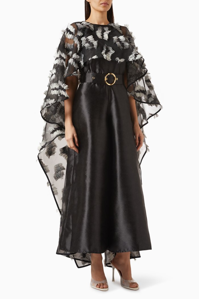 

Tinsel Sleeves Belted Jumpsuit in Polyester, Black