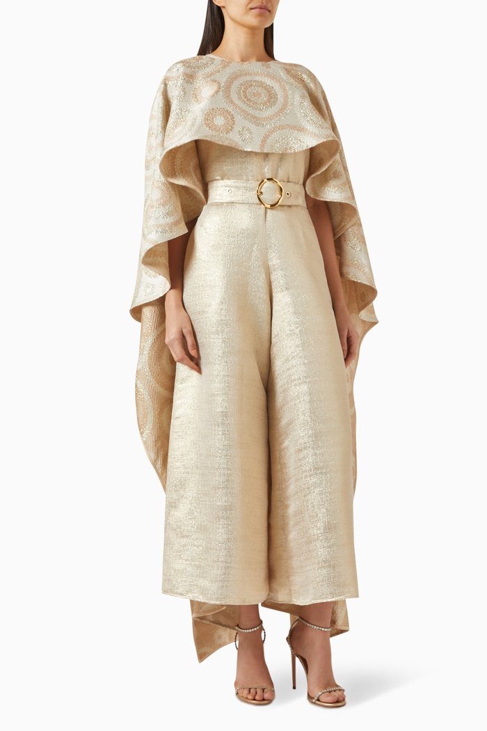 

Tinsel Sleeves Belted Jumpsuit in Polyester, Gold