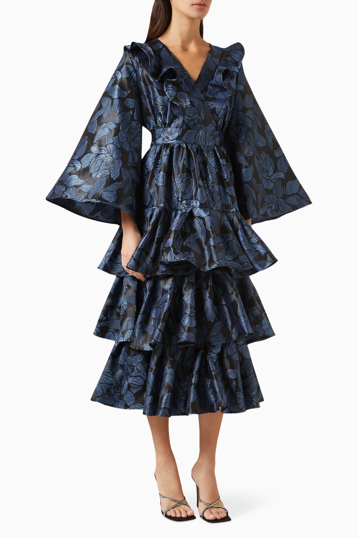 

Ruffled Wide-sleeve Midi Dress in Jacquard, Blue
