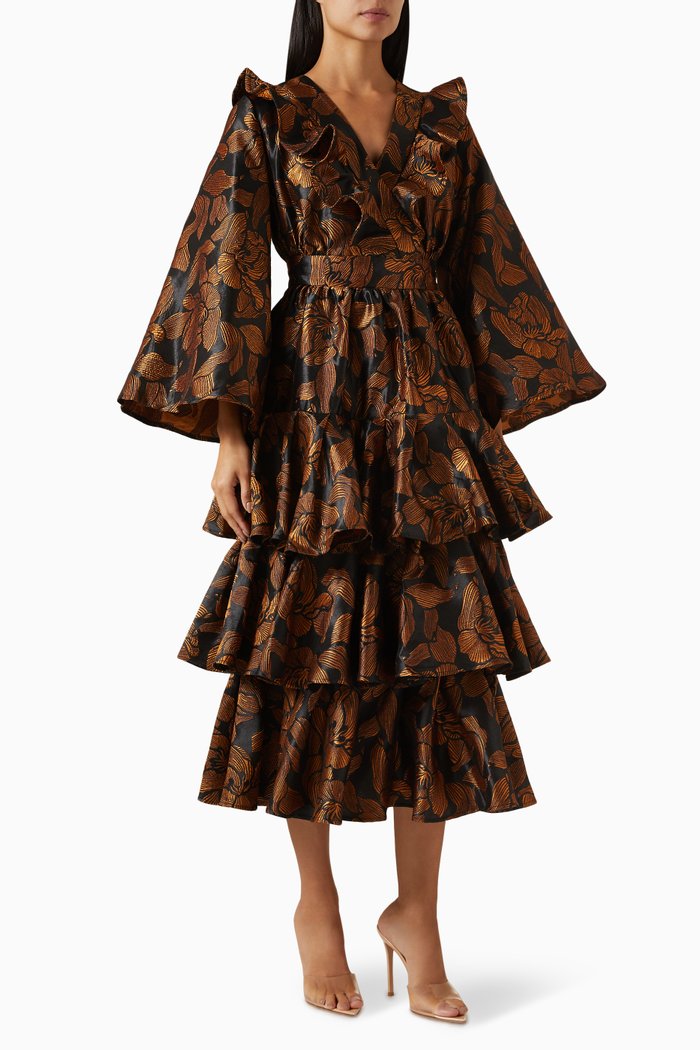 

Ruffle Detail Layered Midi Dress in Polyester, Brown