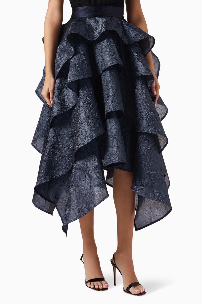 

Ruffled Midi Skirt in Jacquard, Blue