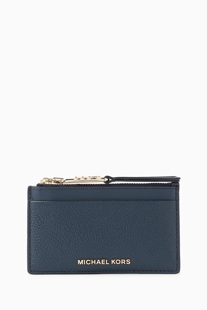 

Small Empire Zip Card Holder in Grained Leather, Blue