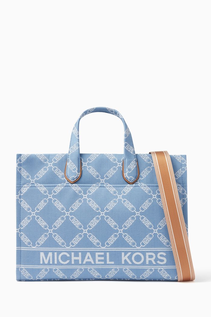 Large Gigi Grab Tote Bag in Logo Denim, Blue
