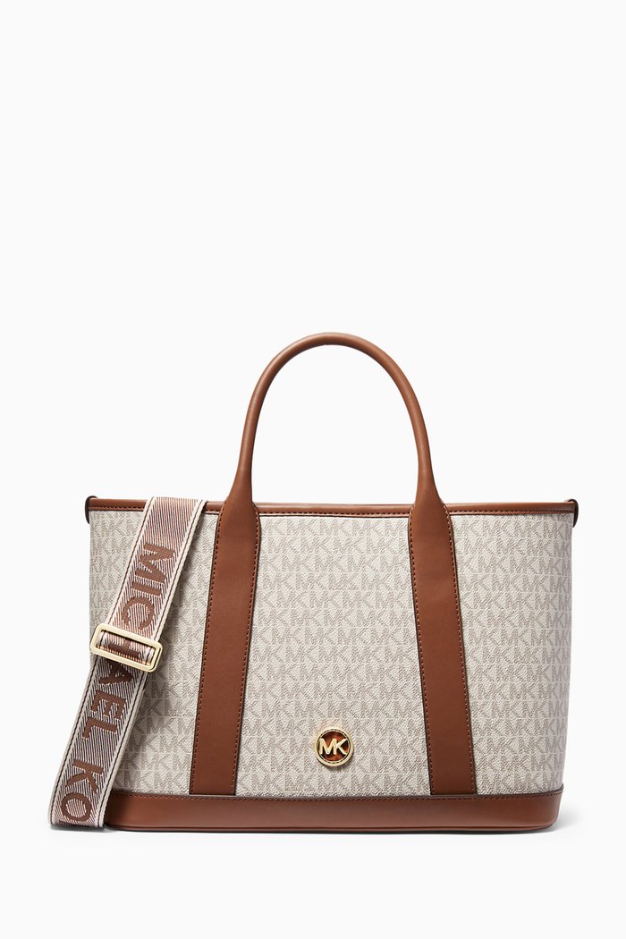 

Medium Luisa Signature Logo Satchel Bag in Coated-canvas, Neutral