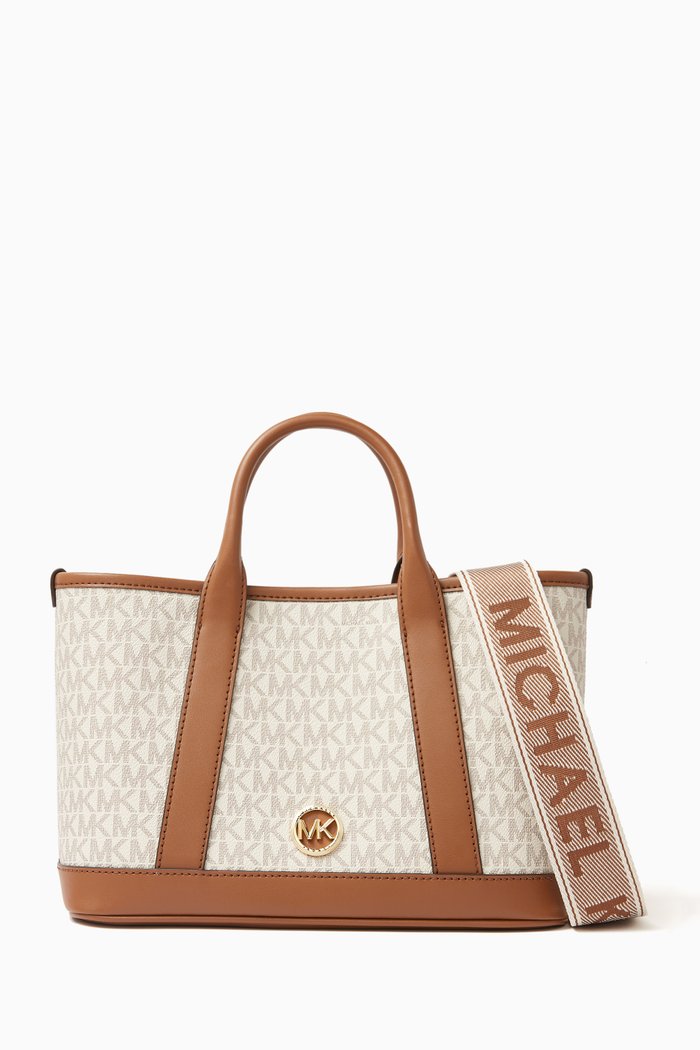 Small Luisa Tote Bag in Coated Canvas, Neutral