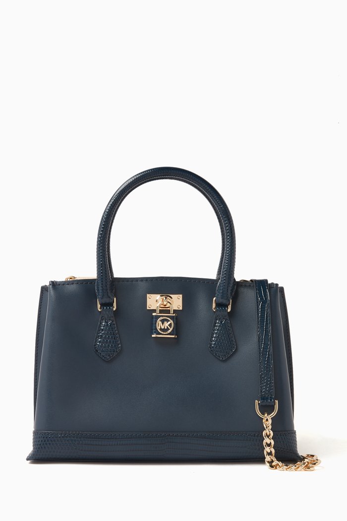 

Small Ruby Top Handle Bag in Smooth Leather, Blue