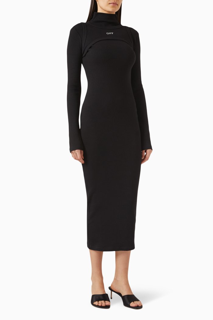 

Off Stamp High-neck Midi Dress in Cotton-knit, Black