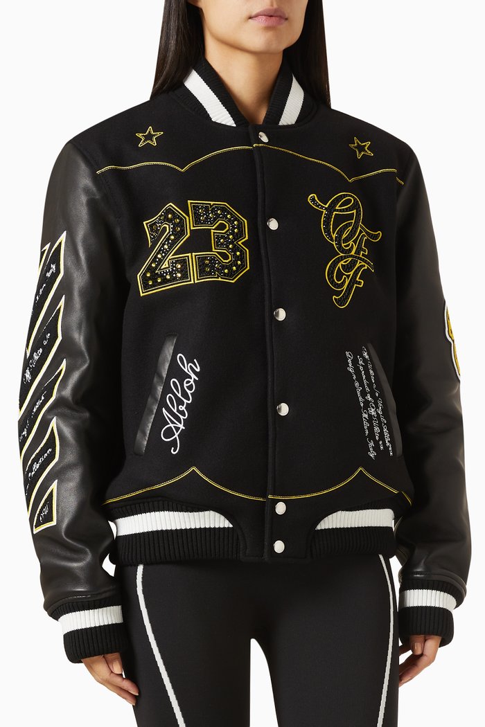Horseshoe Bomber Jacket in Wool & Leather, Black