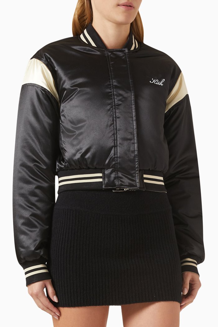 

Landry Varsity Reversible Crop Bomber Jacket in Satin, Black