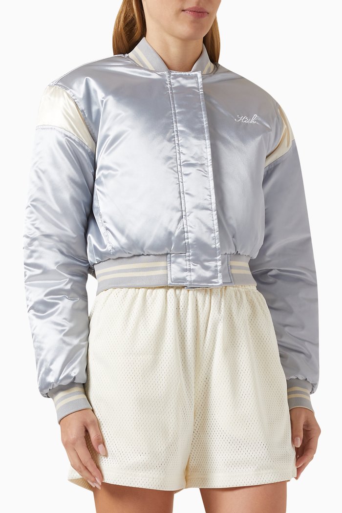 Landry Varsity Reversible Crop Bomber Jacket in Satin, Blue