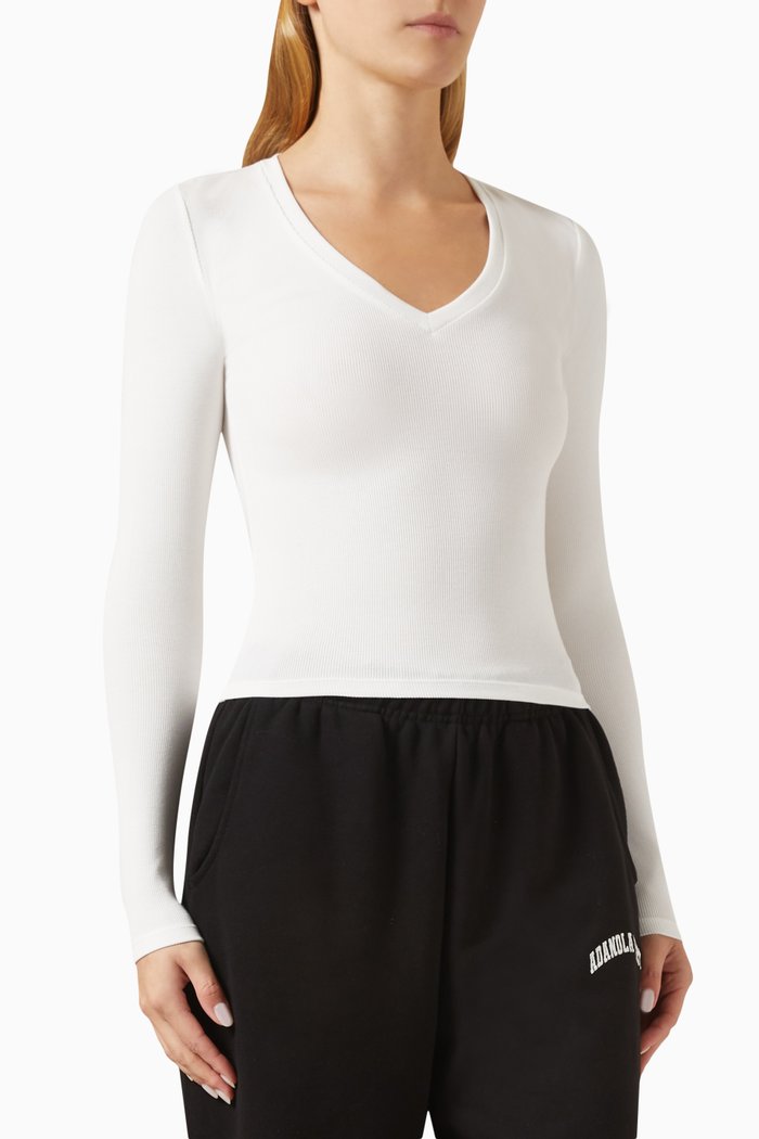Rib V-neck Top in Stretch Viscose-blend, White