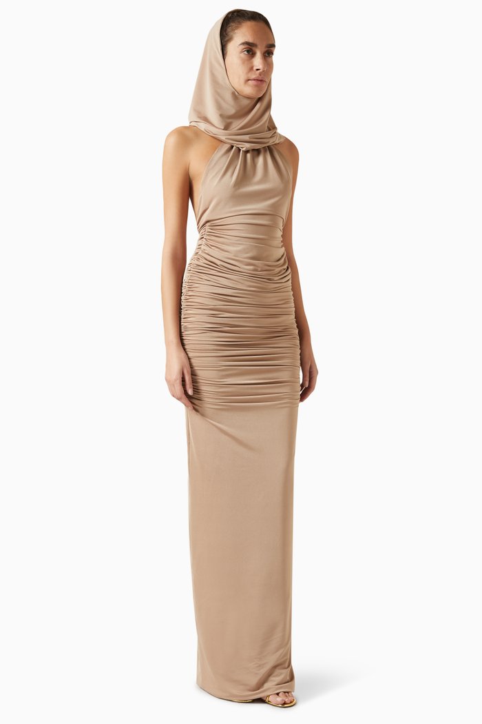 

Ruched Hooded Maxi Dress in Jersey, Brown
