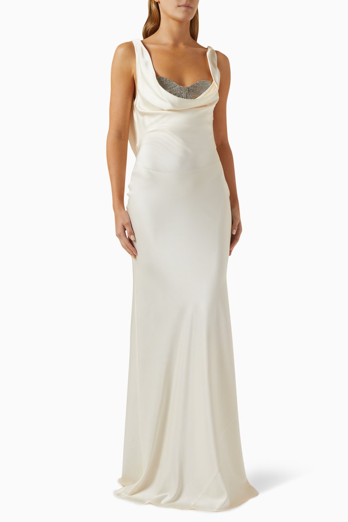 

Rhinestone-embellished Maxi Dress in Satin, White