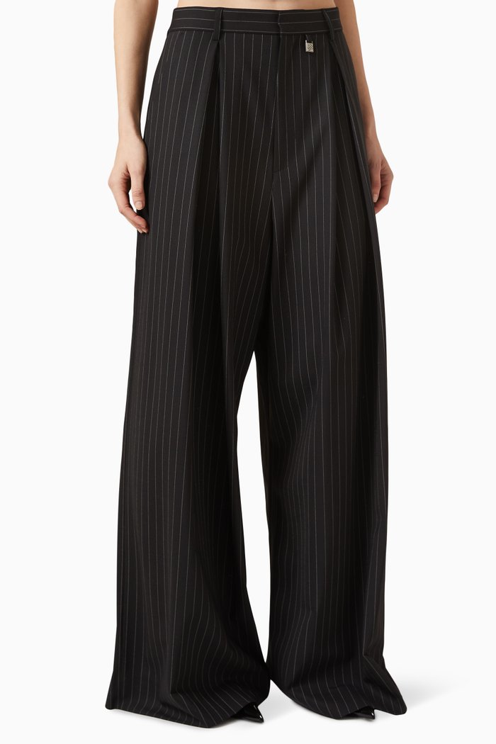 

Striped Wide-leg Pants in Light Wool, Black