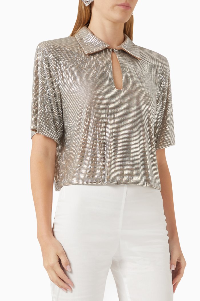 

All-over Rhinestone-embellished Crop Top, Silver
