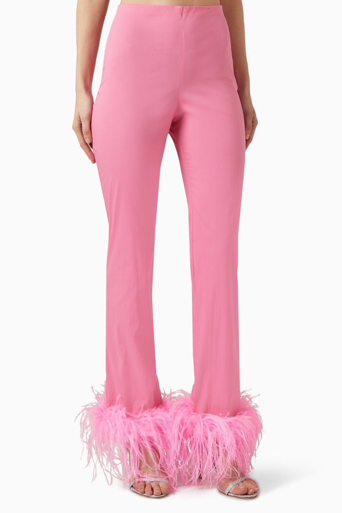 

Feather-trim Straight Pants, Pink