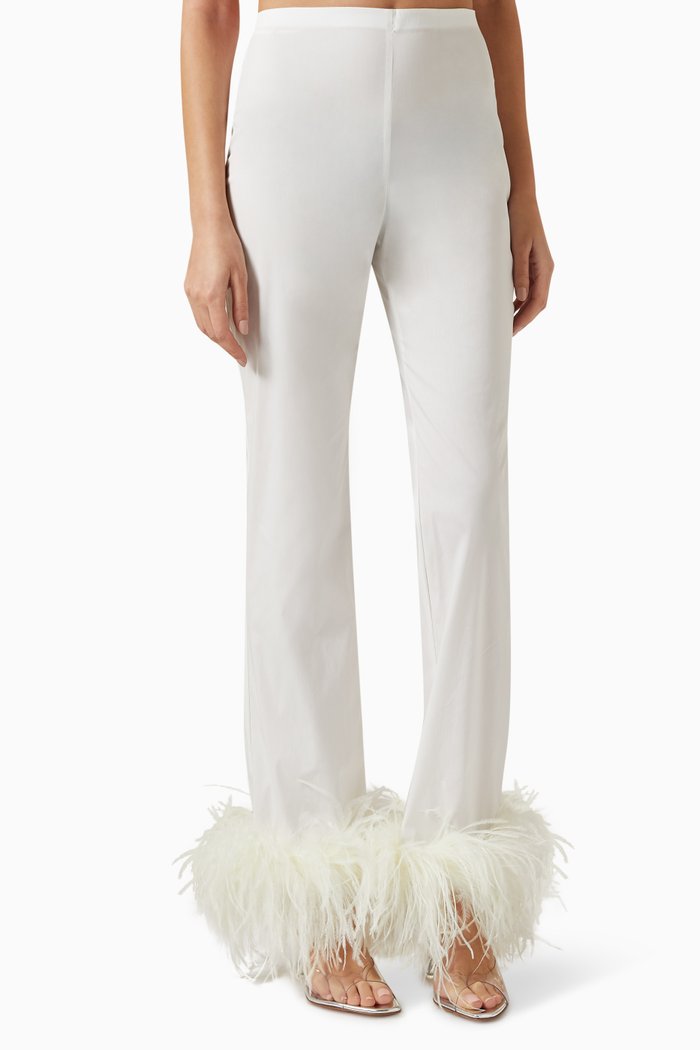 

Feather-trim Straight Pants, White