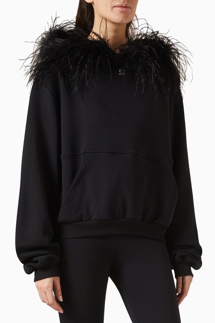 

Feather-trimmed Hoodie in Cotton Jersey, Black