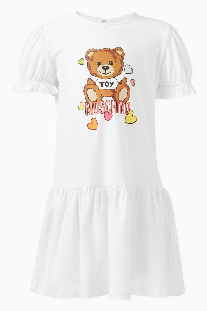 

Teddy Bear Ruffled Dress in Cotton, White