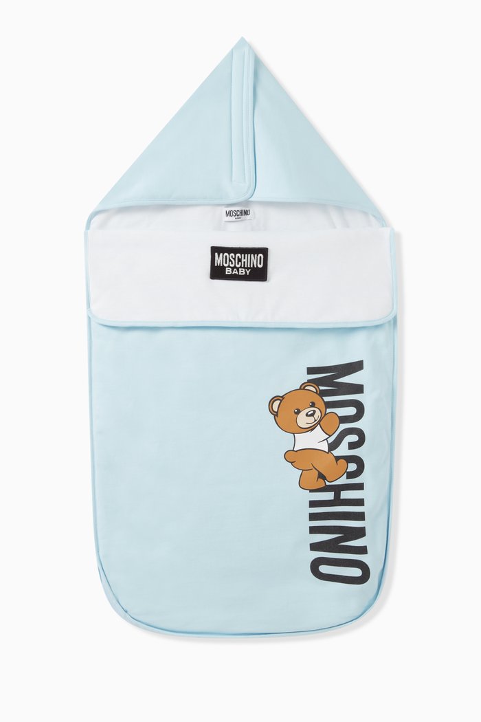 Teddy Bear Print Sleeping Bag in Cotton Blend, Blue