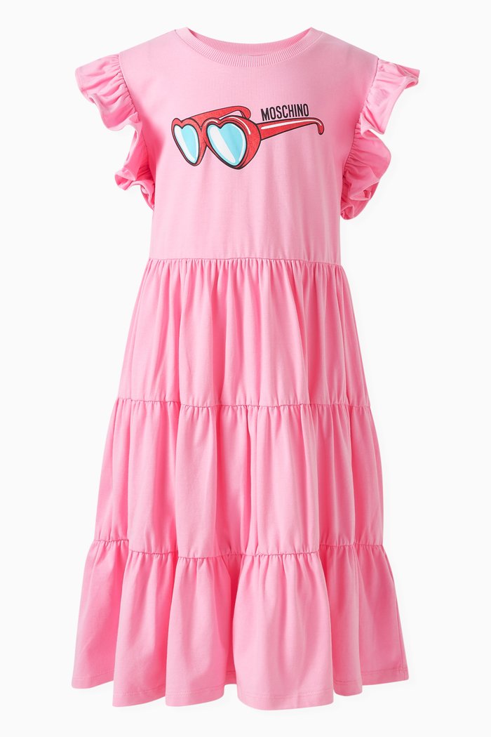 Logo-print Ruffled Dress in Cotton, Pink