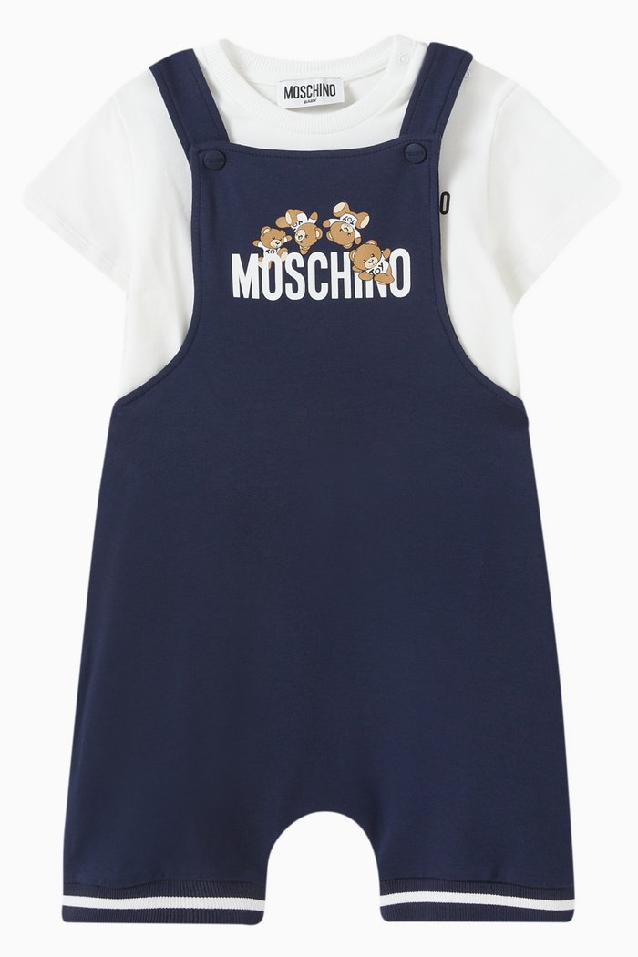Teddy Bear Dungaree Set in Cotton, Blue