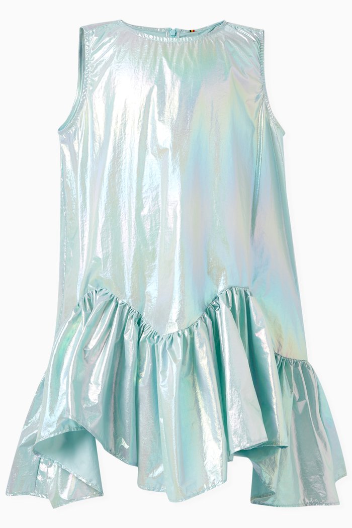 Sleeveless Ruffle Dress in Metallic Nylon, Blue
