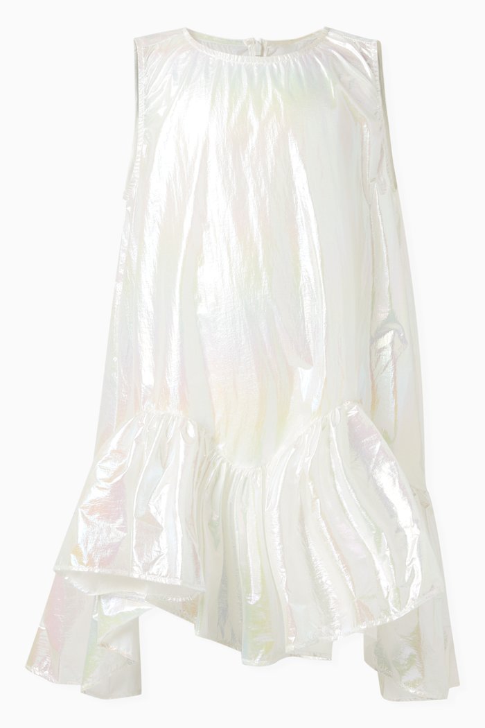 Sleeveless Ruffle Dress in Metallic Nylon, White