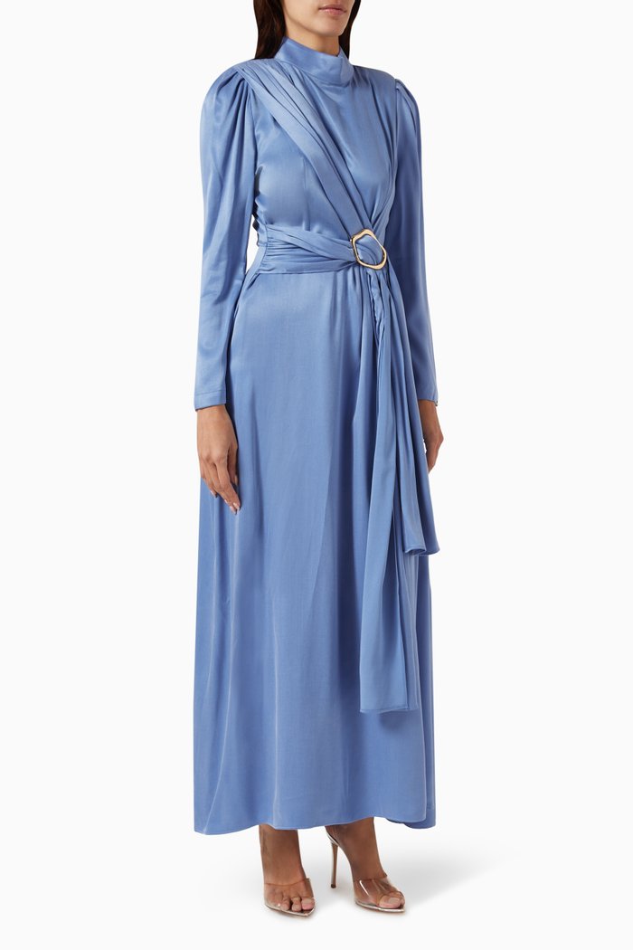 

Kendra Belted Maxi Dress in Satin, Blue