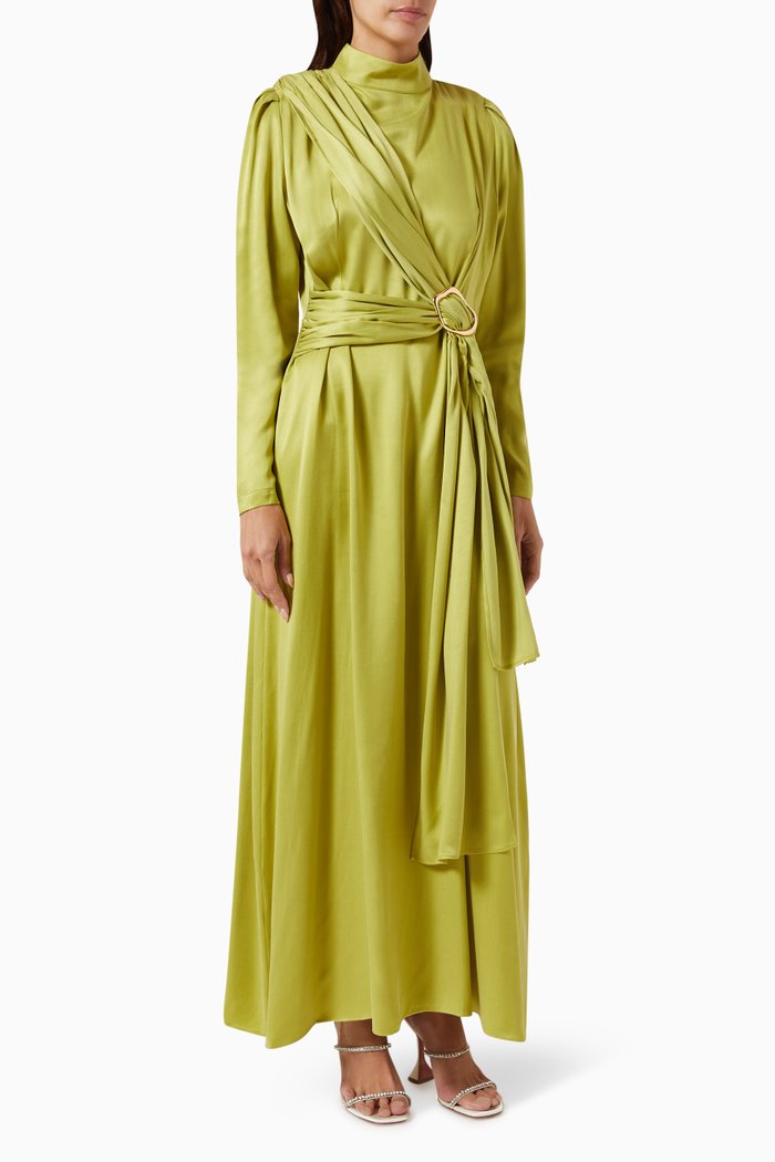 

Kendra Belted Maxi Dress in Satin, Green