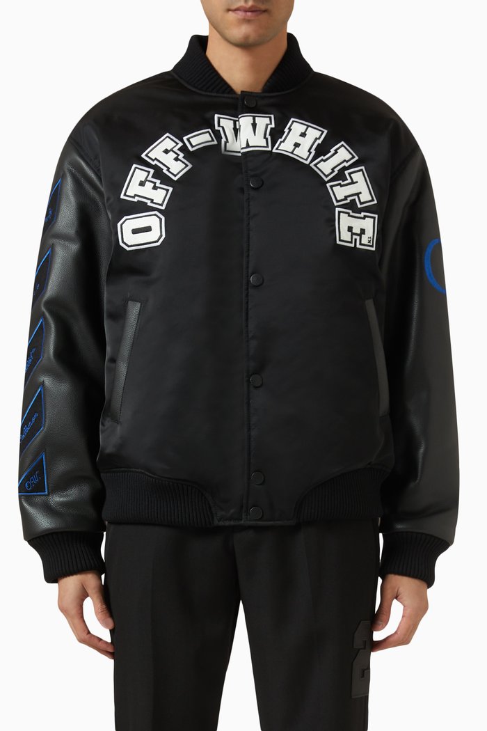 Baseball Over Varsity Bomber Jacket in Nylon & Leather, Black