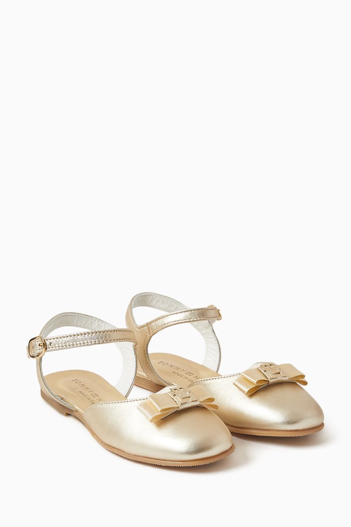 

Bow Ballerina Sandals in Faux Leather, Gold
