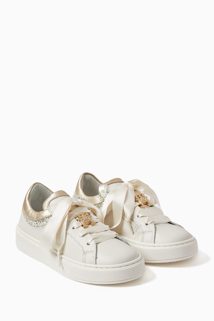 TH Logo Low Cut Sneakers in Faux Leather, Neutral