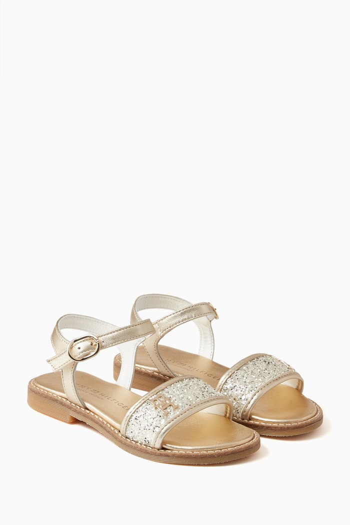 

Sandals in Metallic Leather & Glitter, Gold