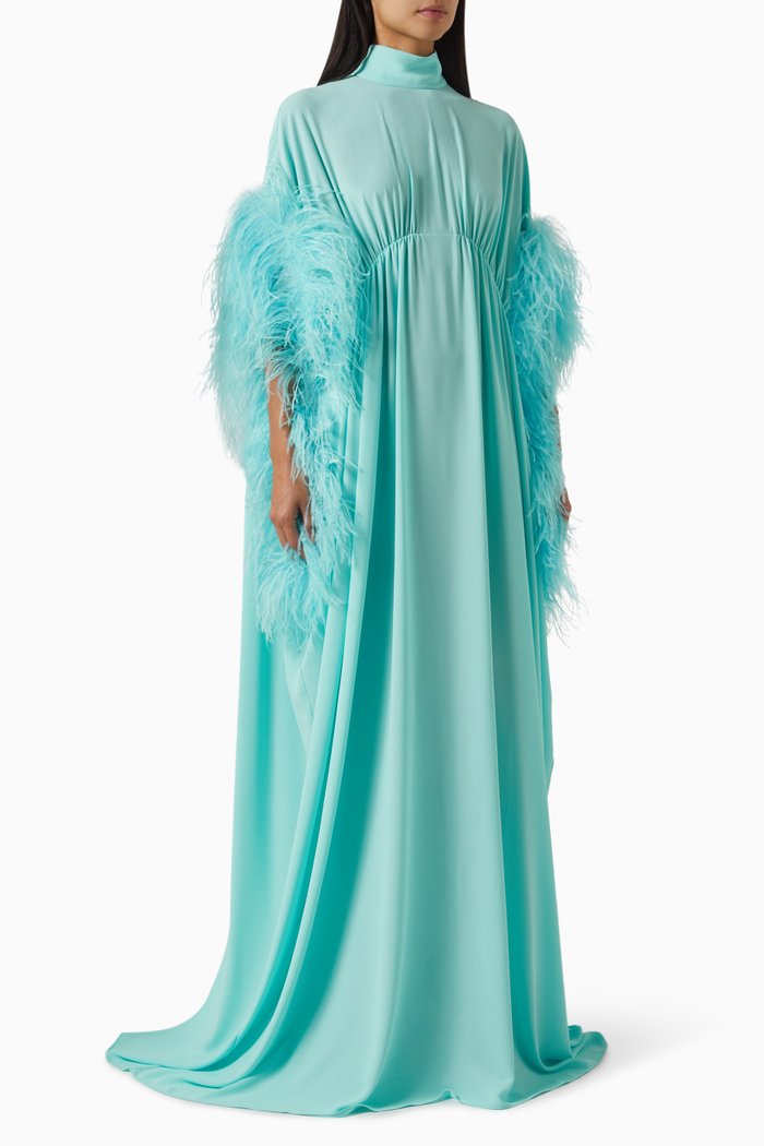 

Dizzy Feather-trimmed Maxi Dress in Georgette, Blue