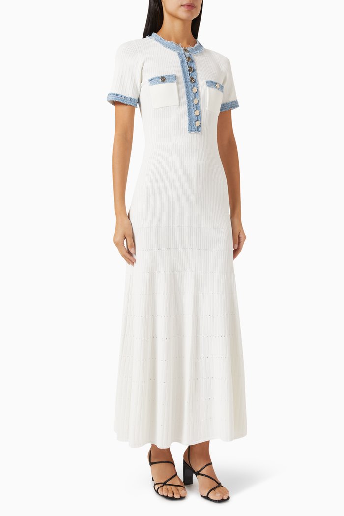 

Alecia Midi Dress in Knit & Denim, White