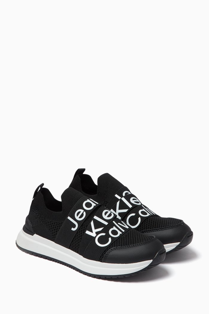 Logo Sneakers in Mesh & Faux-leather, Black