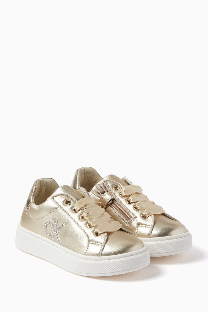 

Logo Lace-up Sneakers in Metallic-leather, Gold