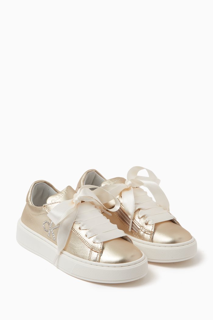 

Logo Lace-up Sneakers in Metallic-leather, Gold