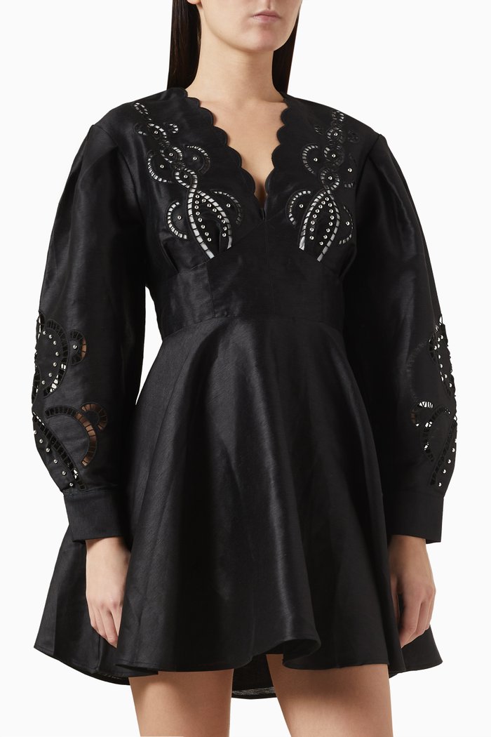 

Cut-out Mini Dress in Linen, Black
